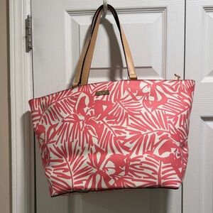 kate spade Coral and Cream Tropical Print Tote with Tan Handles